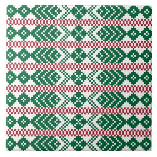 Ethnic Latvian green and red tribal pattern Tile