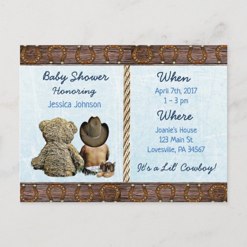 Ethnic Lil Cowboy Baby Boy and Teddy Bear Baby Inv Invitation Postcard