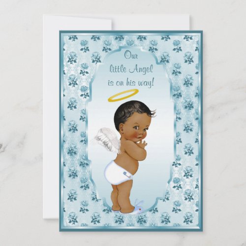 Ethnic Little Boy Angel Blue Roses Baby Shower Invitation