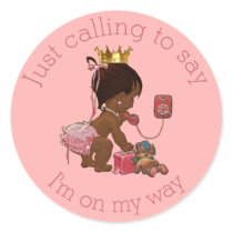 Ethnic Little Princess on Phone Pink Baby Shower Classic Round Sticker