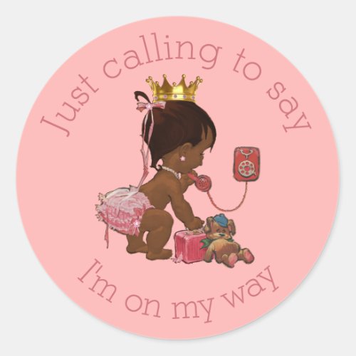 Ethnic Little Princess on Phone Pink Baby Shower Classic Round Sticker