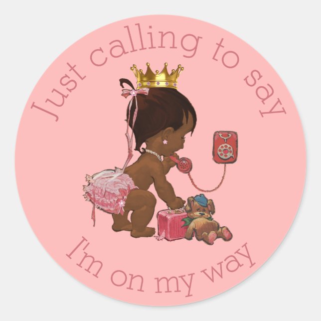 Ethnic Little Princess on Phone Pink Baby Shower Classic Round Sticker (Front)