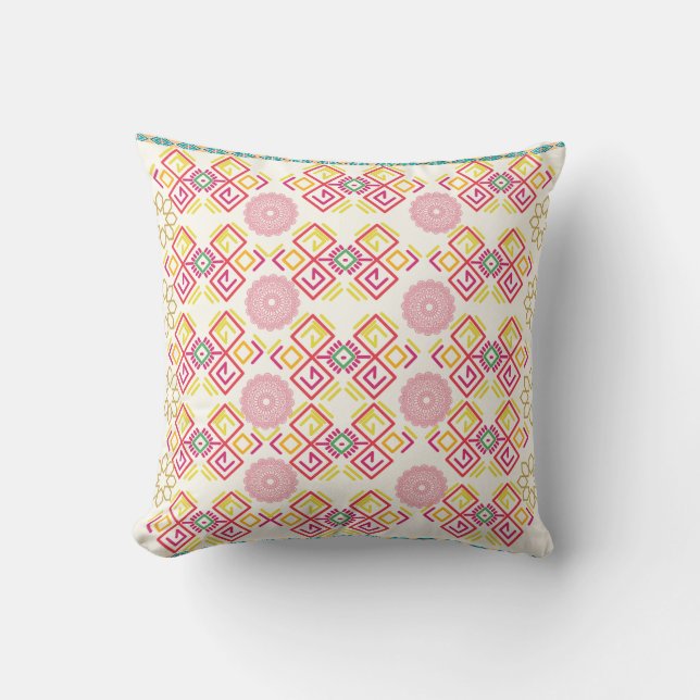 Ethnic Mandala and Geometric Pattern Pink & Yellow Throw Pillow (Front)