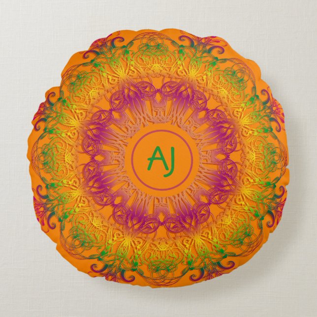 Ethnic Mandala Monogram.Orange background. Round P Pillow (Front)