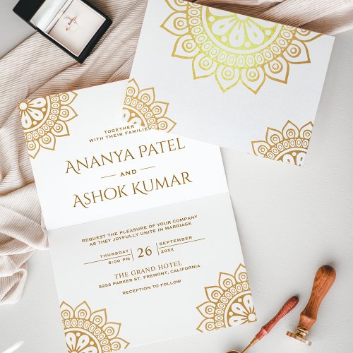 Ethnic Mandala White Indian Wedding Gold Foil Card