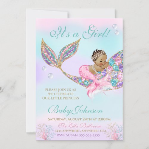 Ethnic Mermaid Baby SHower Glitter Tail Invitation