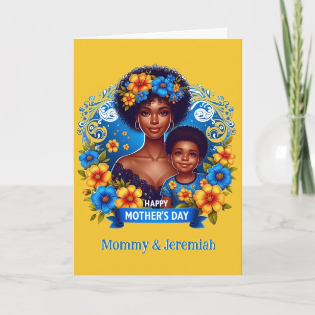 Ethnic Mom & Son Blue/Yellow Happy Mother's Day Card (Front)