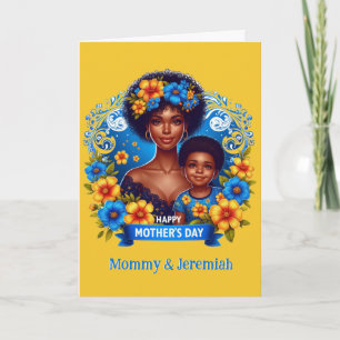 Ethnic Mom & Son Blue/Yellow Happy Mother's Day Card