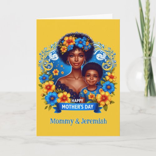 Ethnic Mom  Son BlueYellow Happy Mothers Day Card