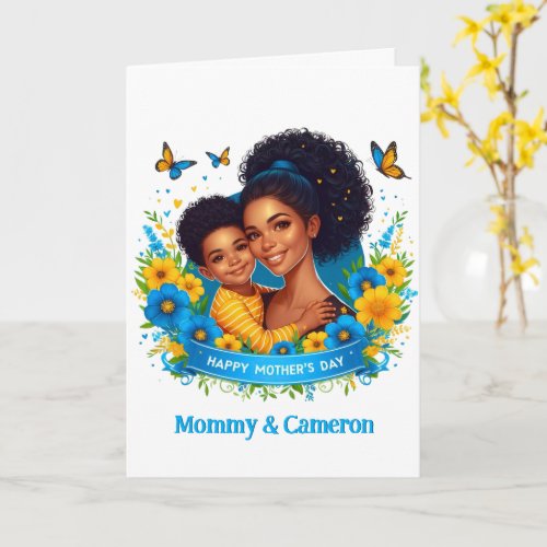 Ethnic Mom  Son BlueYellow Happy Mothers Day Card