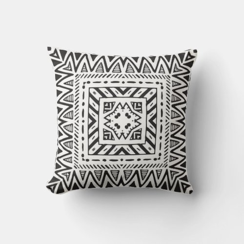 Ethnic Monochrome Hand_Drawn Vintage Pattern Throw Pillow