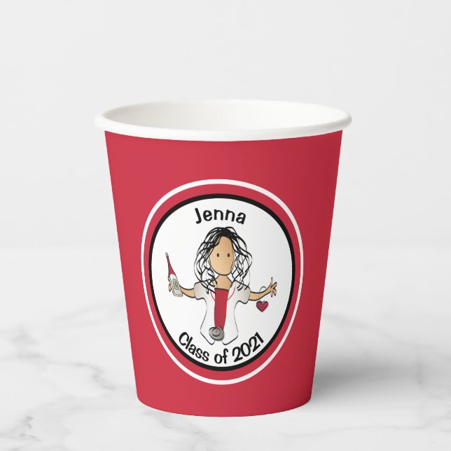 Ethnic Nurse Cartoon Graduation Red White  Paper Cups (Front)