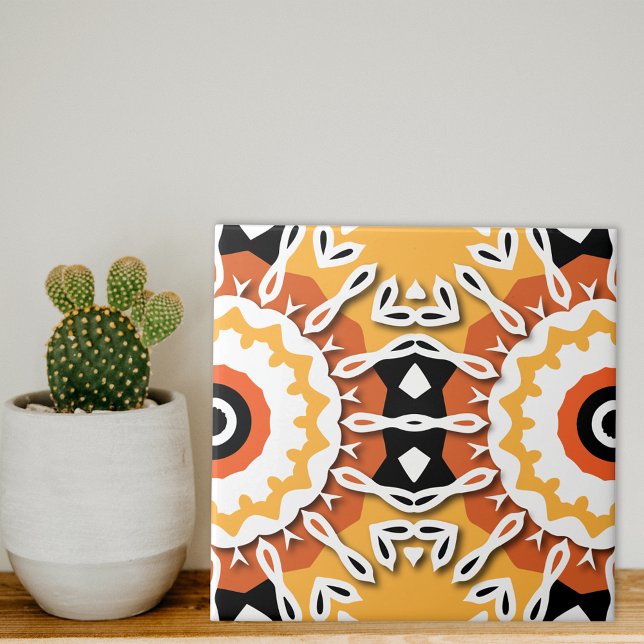 Ethnic Orange Black White Damask Mosaic Pattern Ceramic Tile (Creator Uploaded)
