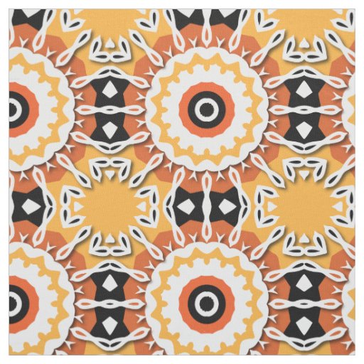 Ethnic Orange Black & White Damask Mosaic Pattern Fabric
