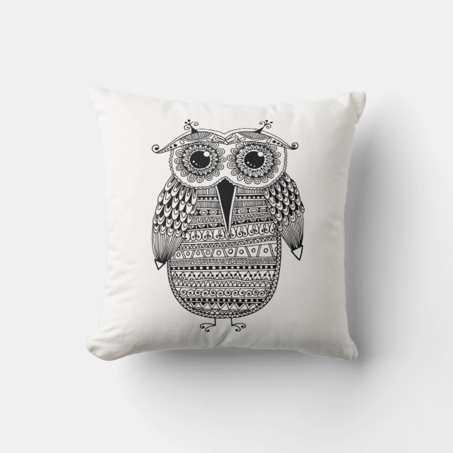 Ethnic Owl Ink Drawing Throw Pillow (Front)