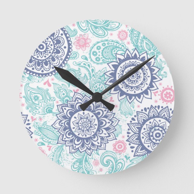 Ethnic Paisley Pattern Round Clock (Front)