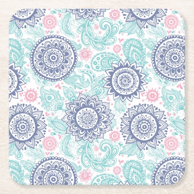 Ethnic Paisley Pattern Square Paper Coaster (Front)