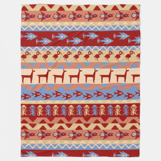 Ethnic Peruvian Inca Animals Llamas Fish and Birds Fleece Blanket (Front)