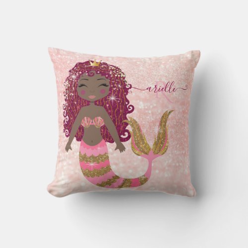  Ethnic Pink Mermaid Gold Glitter Modern Monogram Throw Pillow