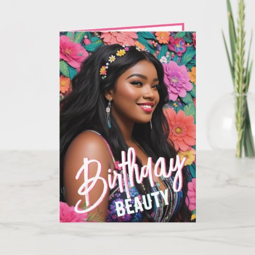 Ethnic Plus Size Woman Colorful Floral Birthday Card