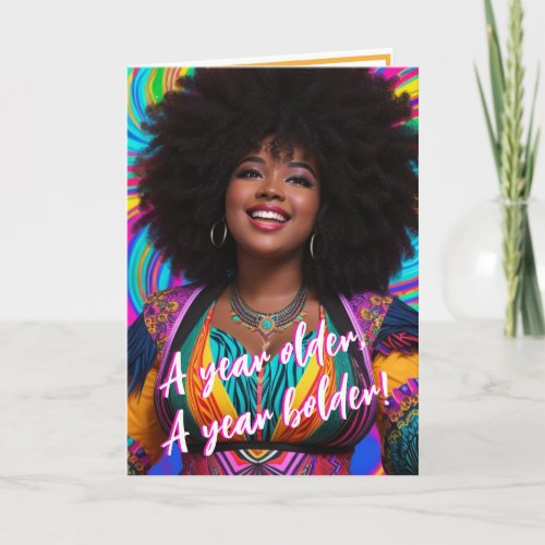 Ethnic Plus Size Woman with Afro Vibrant Birthday Card