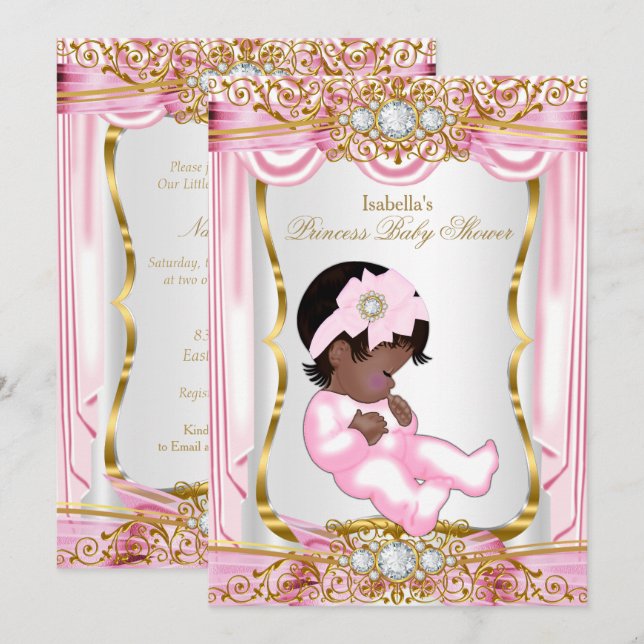 Ethnic Pretty Princess Baby Shower Pink Silk Gold Invitation (Front/Back)