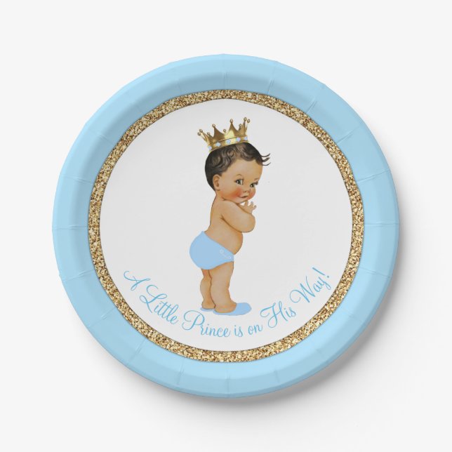 Ethnic Prince Baby Blue Gold Baby Shower Paper Plates (Front)