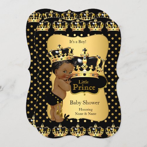 Ethnic Prince Baby Shower Black Gold Polka Dot Invitation