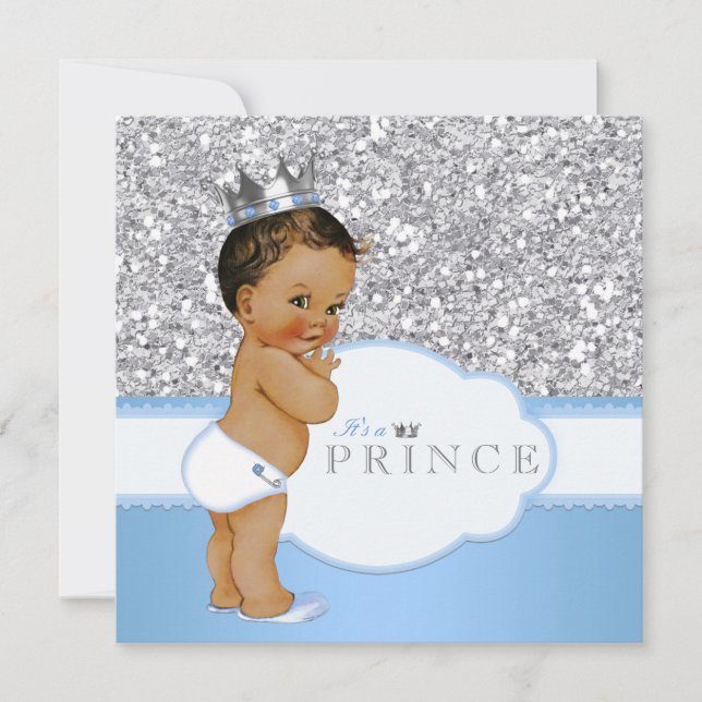 Ethnic Prince Baby Shower Blue and Silver Invitation (Front)