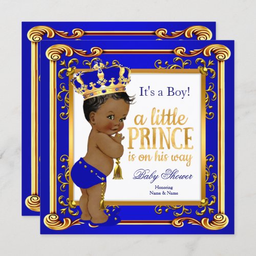 Ethnic Prince Baby Shower Blue Gold Crown Invitation