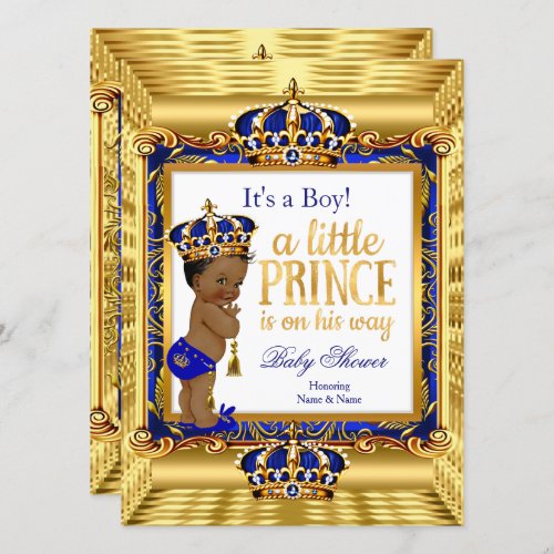 Ethnic Prince Baby Shower Blue Ornate Gold crown Invitation