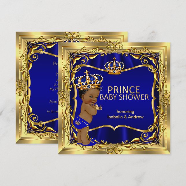 Ethnic Prince Baby Shower Boy Blue Gold Invitation (Front/Back)