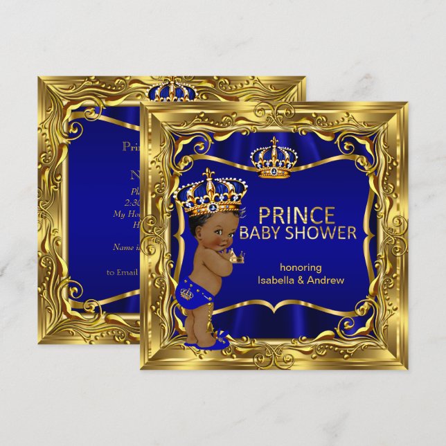 Ethnic Prince Baby Shower Boy Blue Ornate Gold Invitation (Front/Back)