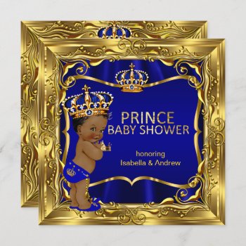 Ethnic Prince Baby Shower Boy Blue Ornate Gold Invitation by VintageBabyShop at Zazzle