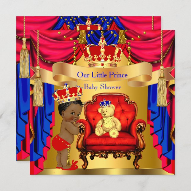 Ethnic Prince Baby Shower Gold Bear Red Blue Invitation (Front/Back)