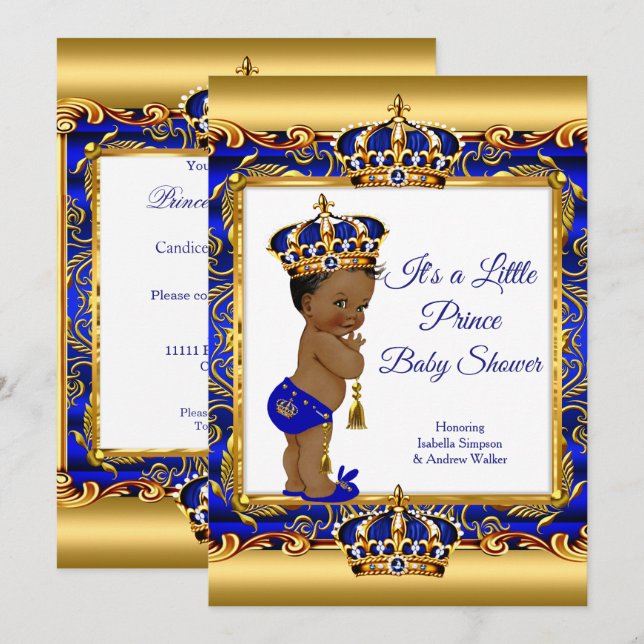 Ethnic Prince Boy Baby Shower Blue Ornate Gold Invitation (Front/Back)