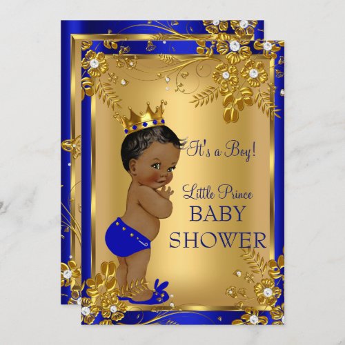 Ethnic Prince Boy Baby Shower Gold Blue Floral Invitation