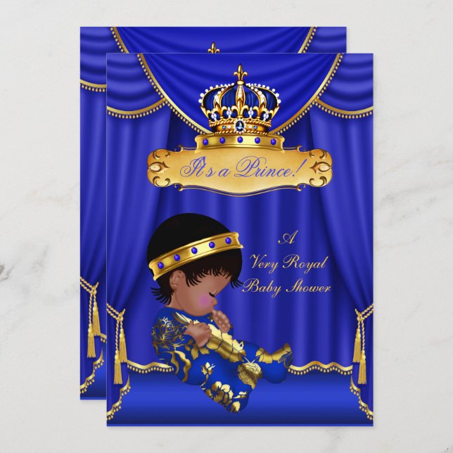Ethnic Prince Boy Baby Shower Royal Blue Drapes Invitation (Front/Back)