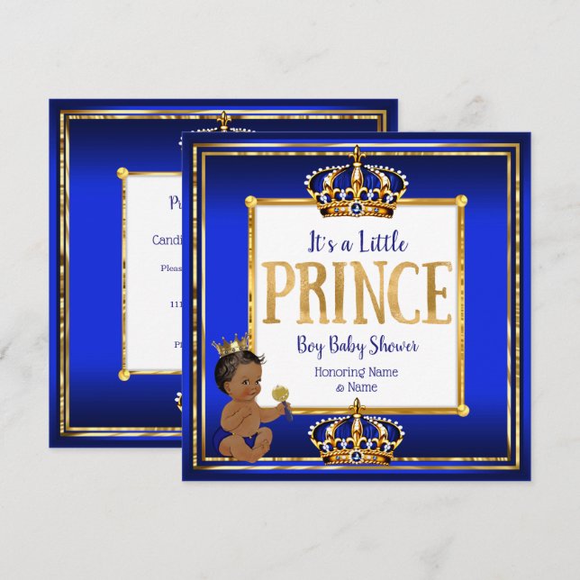Ethnic Prince Boy Baby Shower Royal Blue Gold Invitation (Front/Back)