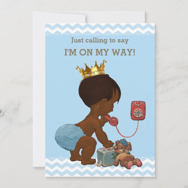 Ethnic Prince on Phone Baby Shower Chevrons Blue Invitation (Front)