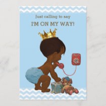 Ethnic Prince on Phone Baby Shower Chevrons Blue Invitation