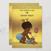Ethnic Prince on Phone Baby Shower Gold Chevrons Invitation (Front/Back)