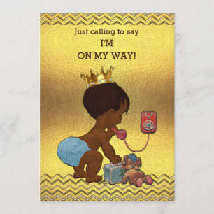 Ethnic Prince on Phone Baby Shower Gold Chevrons Invitation