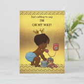 Ethnic Prince on Phone Baby Shower Gold Chevrons Invitation (Standing Front)