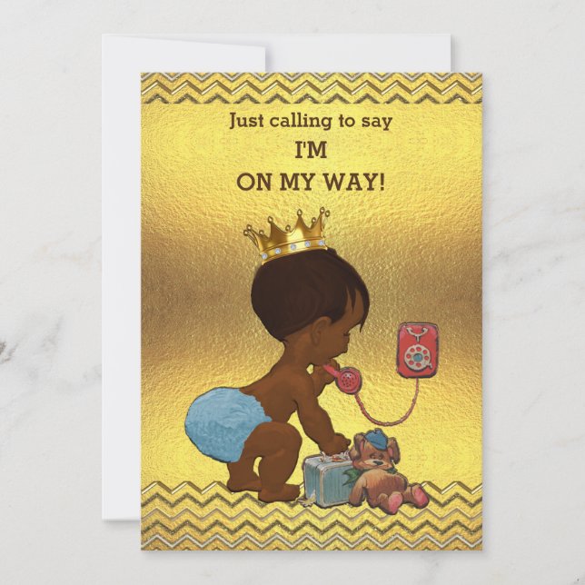 Ethnic Prince on Phone Baby Shower Gold Chevrons Invitation (Front)