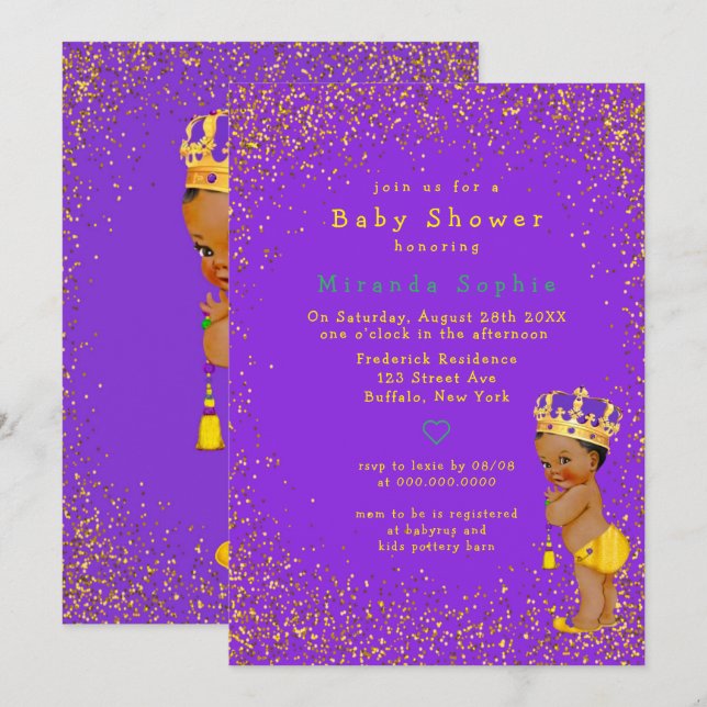 Ethnic Prince Purple and Gold Boy Baby Shower Invitation (Front/Back)