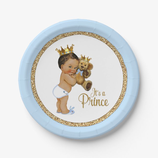 Ethnic Prince Teddy Bear Boy Baby Shower Paper Plates (Front)
