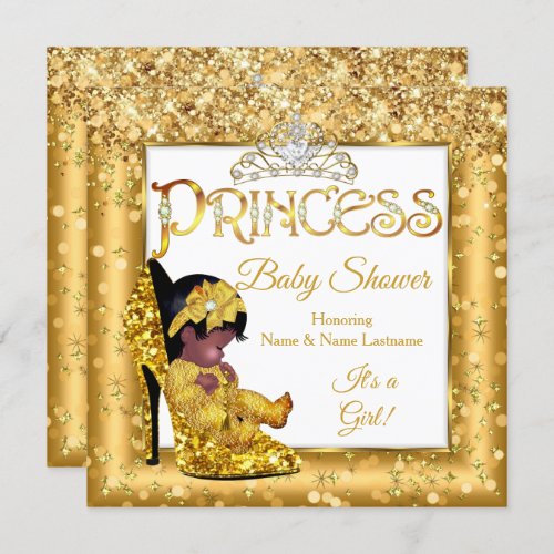 Ethnic Princess Baby Shower Gold High Heel Glitter Invitation
