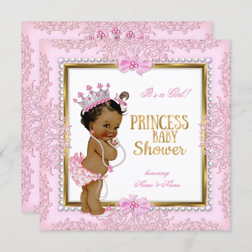 Ethnic Princess Baby Shower Gold Pink Pearls Lace Invitation