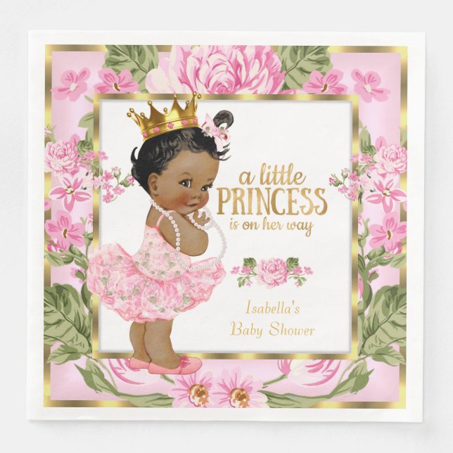 Ethnic Princess Baby Shower Pink Gold Rose Floral Paper Dinner Napkins (Front)